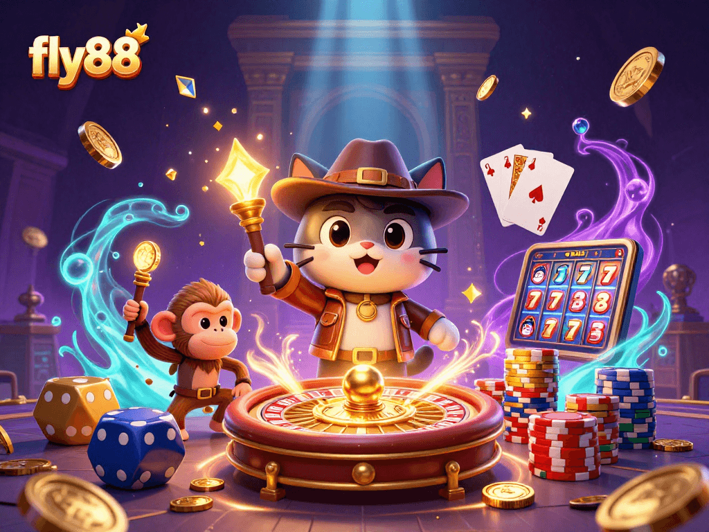 Experience the thrill of fly88 with a heroic cat discovering casino treasures amidst sparkling gems and coins.