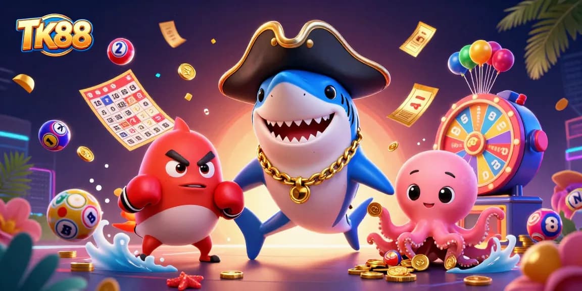 Experience thrilling TK88 moments with a vibrant 3D casino scene featuring colorful lottery elements and charming characters.