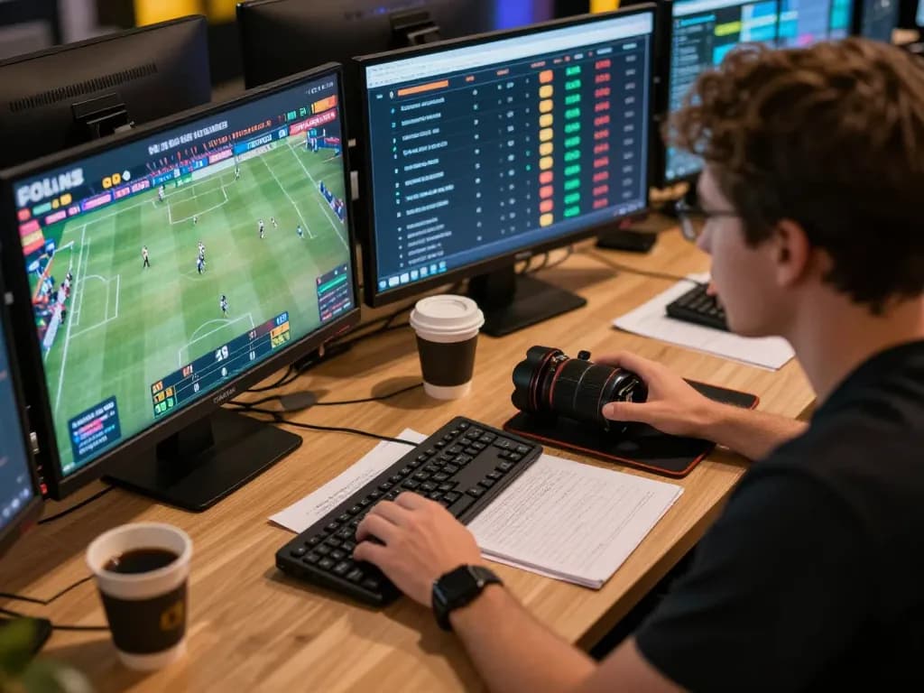 Person analyzing live sports betting on O8 platform with multiple screens and notes.