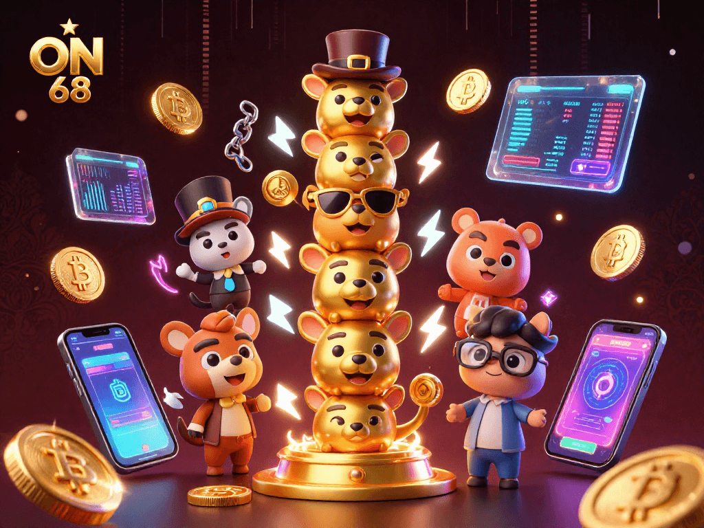Join the excitement at ON68, featuring a vibrant 3D casino scene with animated totem pole and cryptocurrency elements.
