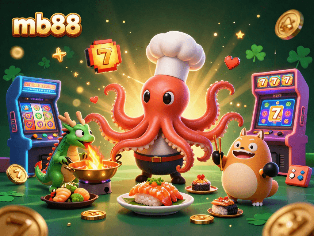 Engage with mb88's vibrant 3D casino scene featuring a culinary octopus and playful dragon.