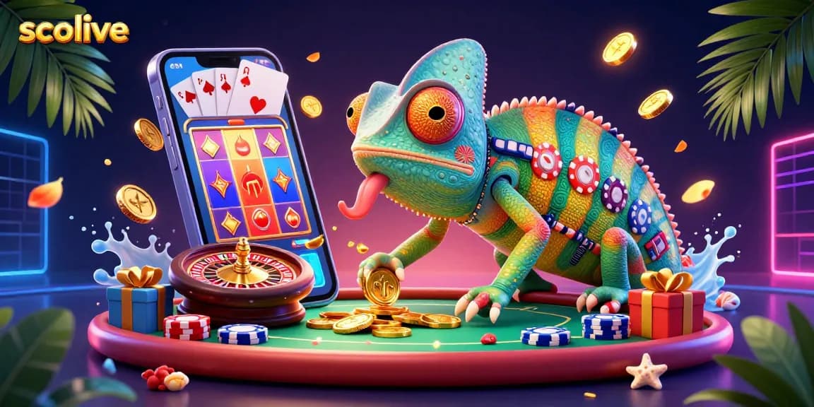 Socolive chameleon capturing coins at a dynamic casino scene with vibrant games and energy.