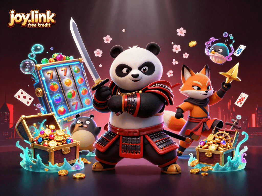 Experience joy.link free kredit with dynamic gaming visuals featuring samurai panda and ninja fox.