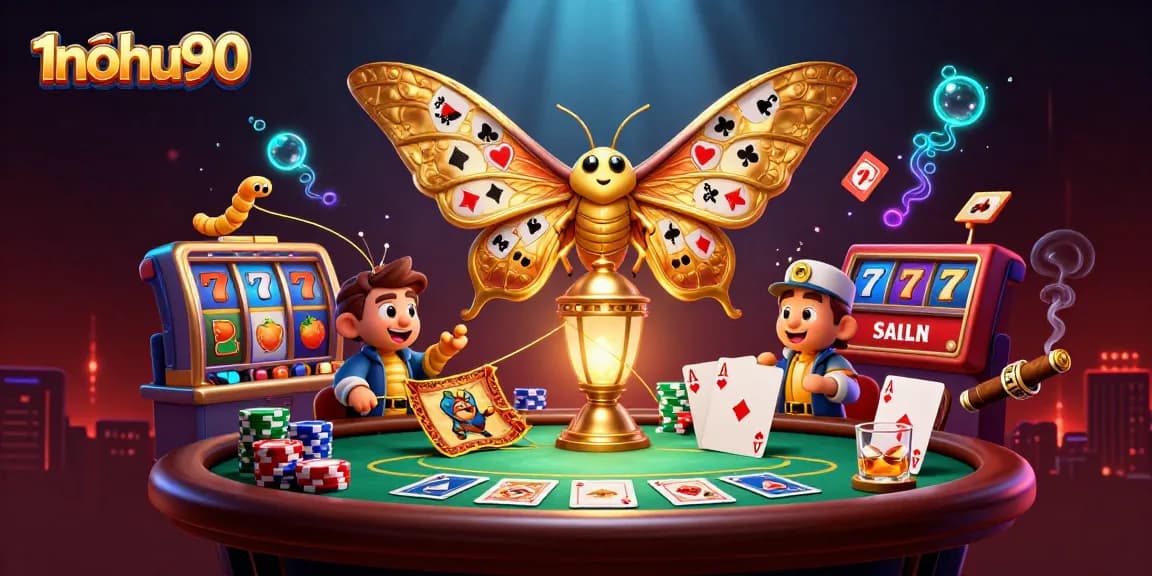 Experience thrilling wins at 1nohu90 with a vibrant casino scene featuring a 3D cartoon atlas moth.