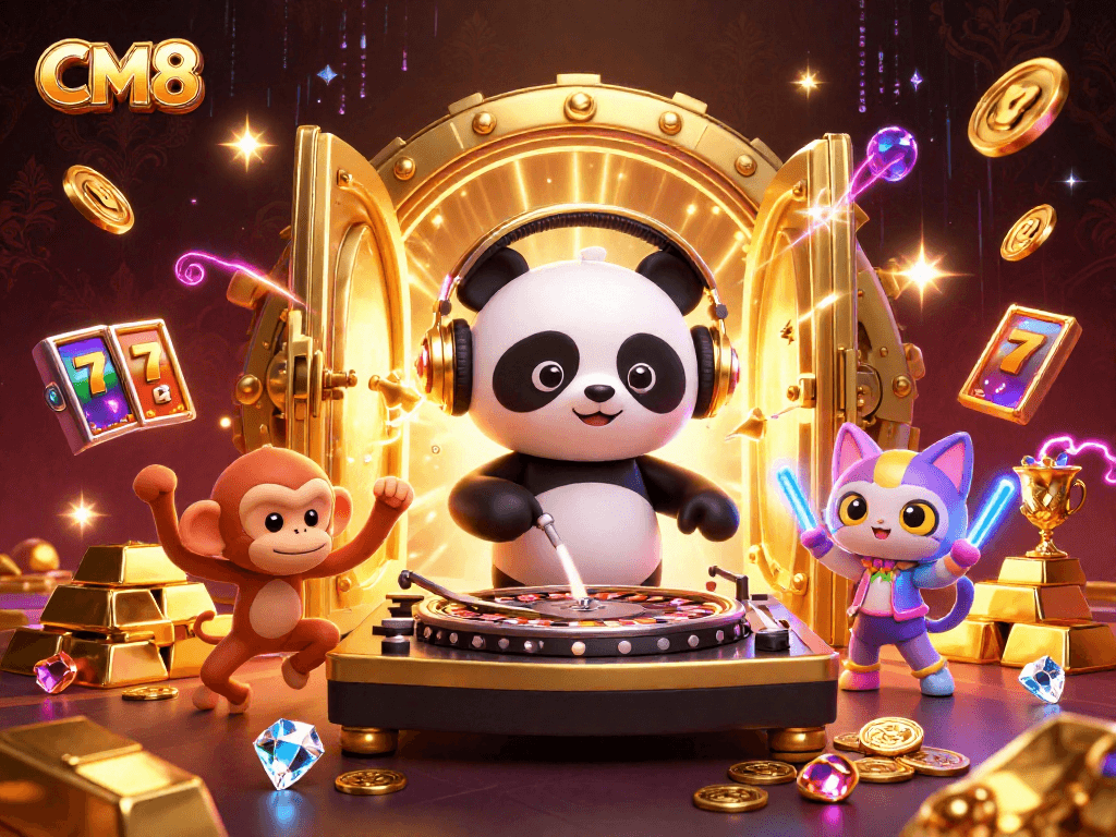 Get ready to win big at CM8 with lively characters and casino elements in a vibrant illustration.