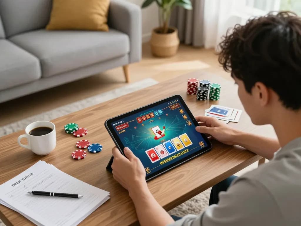 Player enjoying game bài đổi thưởng on tablet, showcasing online gaming action and home comfort.
