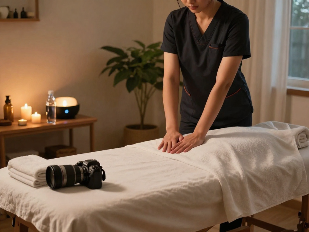 Relaxing 출장안마 session in a serene home environment with soft lighting and calming decor.