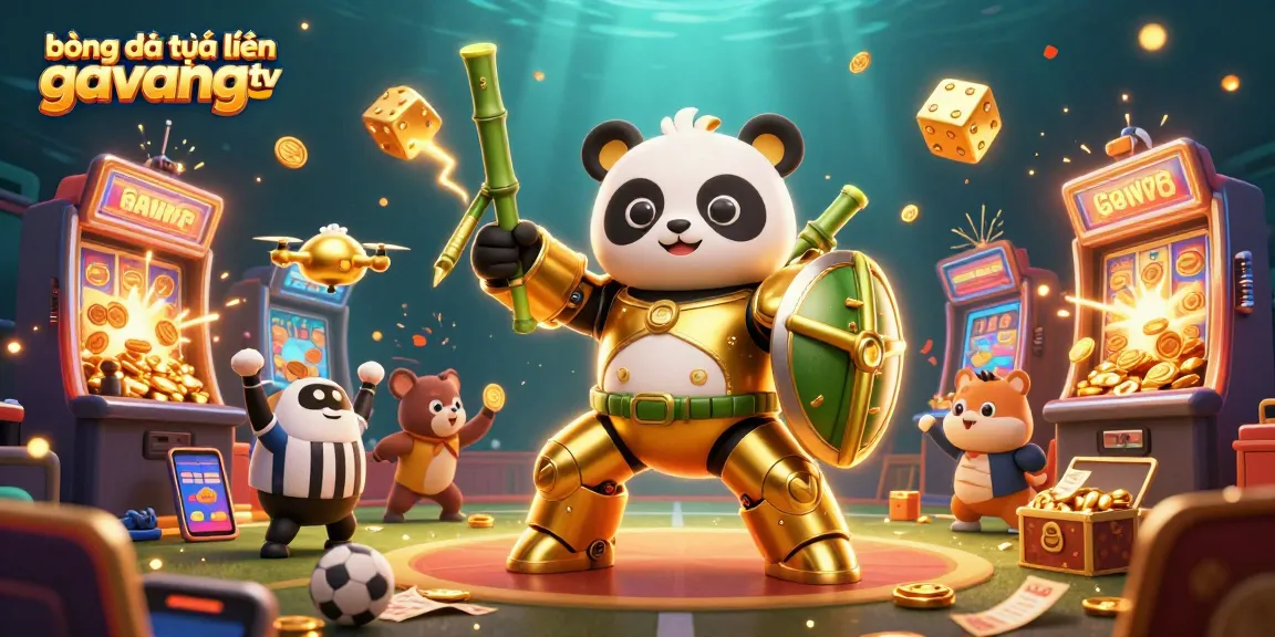 Bóng đá trực tuyến gavangtv brings excitement with a golden panda in a sports betting arena full of prizes.