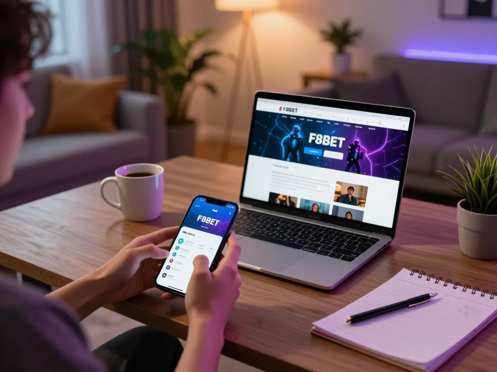 Player engaging with F8BET app on smartphone in a cozy home gaming setup