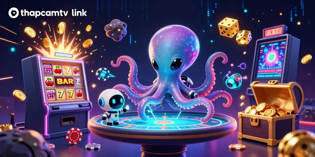 Engage with the thapcamtv link featuring a vibrant scene of an alien octopus at a holographic poker table, surrounded by dynamic casino elements.