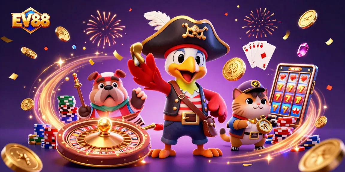 Experience thrilling wins with EV88's casino games, featuring a pirate captain and dazzling rewards!