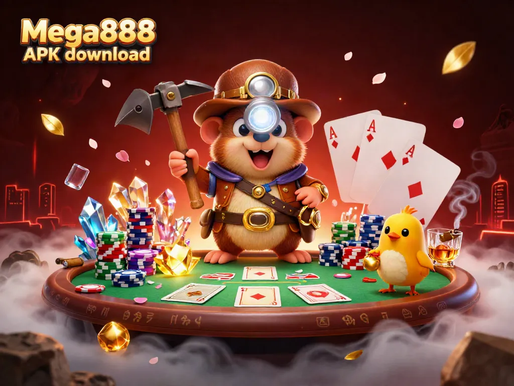 Engage in Mega888 APK download action, featuring a treasure hunter mole and vibrant poker scene.