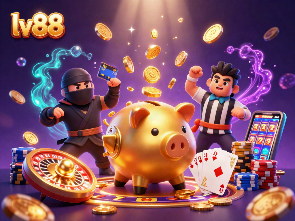 Win big with lv88's dynamic casino action featuring golden piggy banks and epic characters.