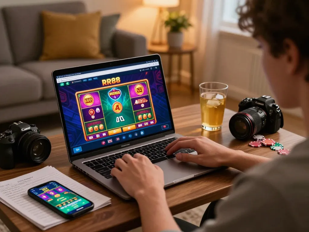 Engaged player enjoying RR88 online gambling experience in a cozy home setting.