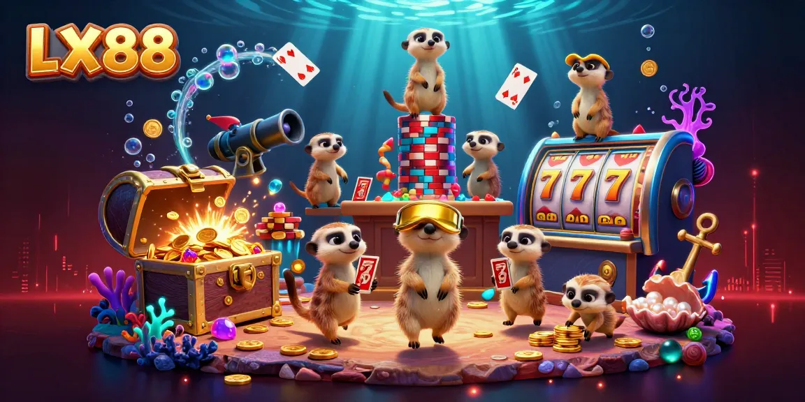 LX88 meerkats running a lively casino operation, showcasing vibrant game elements and an energetic atmosphere.