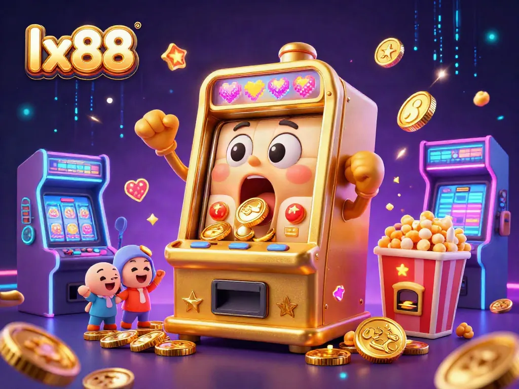 Celebrate your winning moments with lx88, a vibrant scene of joyful slot machines and golden coins pouring out.