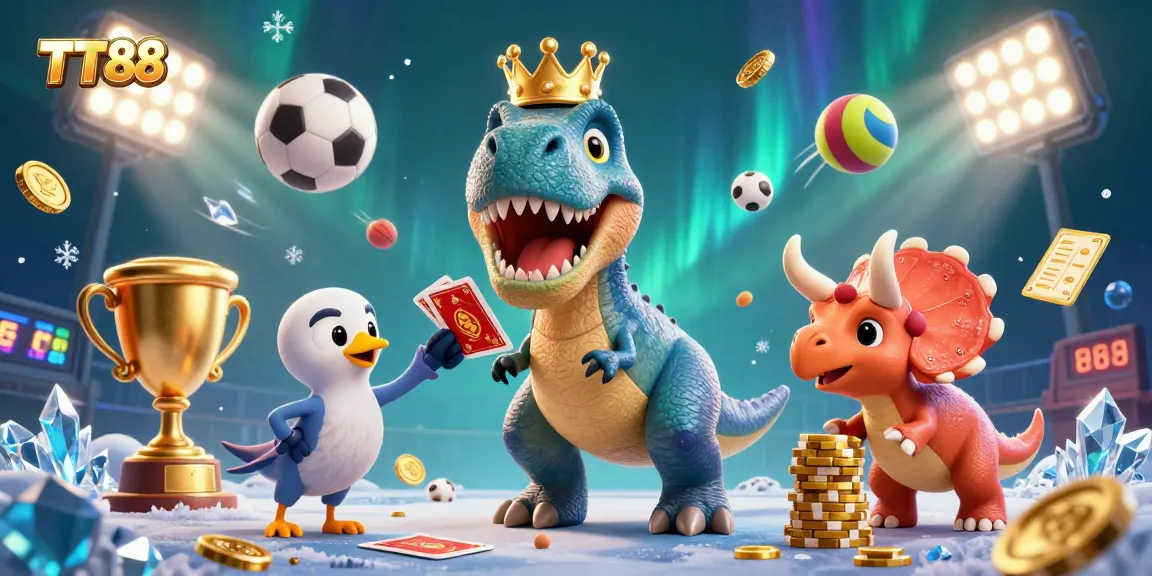 Engage with TT88’s vibrant gaming world featuring a T-Rex juggling cards and golden chips.