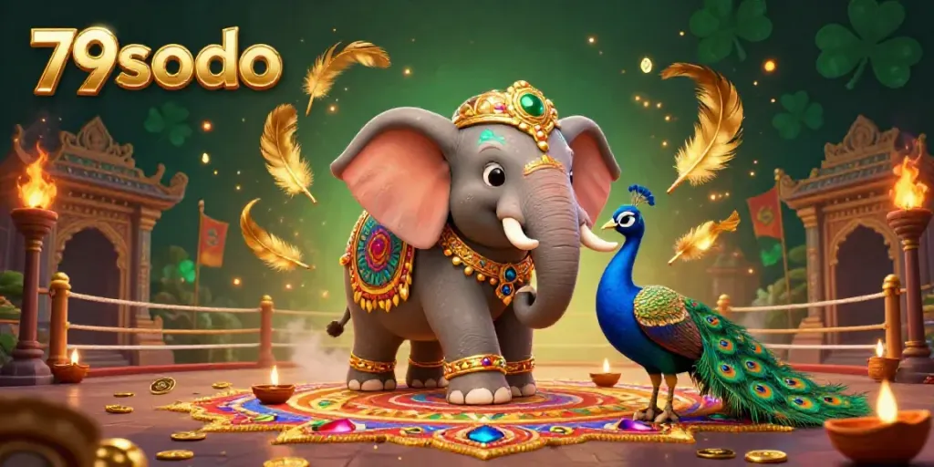 Engaging 3D illustration representing 79sodo vibrant gaming experience with a colorful elephant, peacock, and rich casino elements.