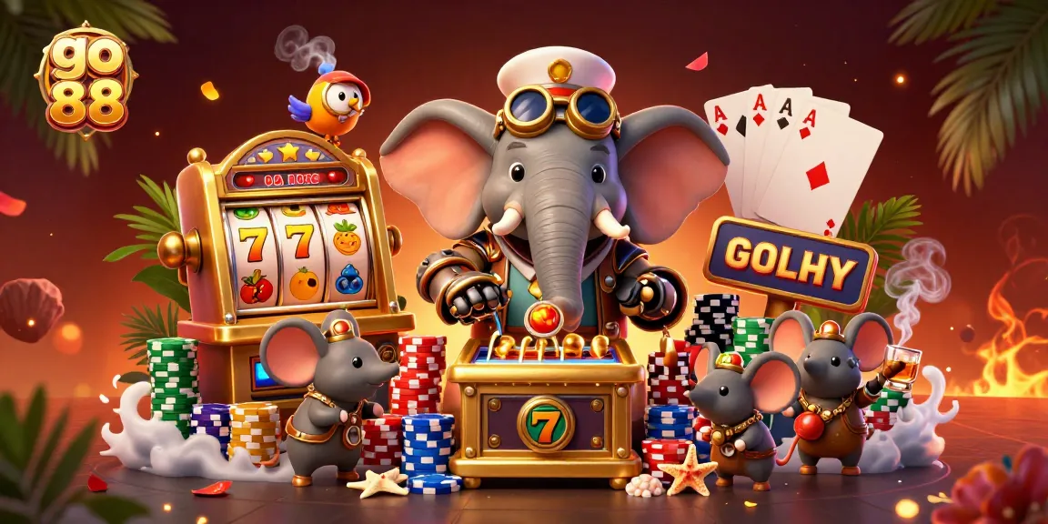 Engage with go 88 in a vibrant casino scene featuring a steampunk elephant and dynamic gaming elements.