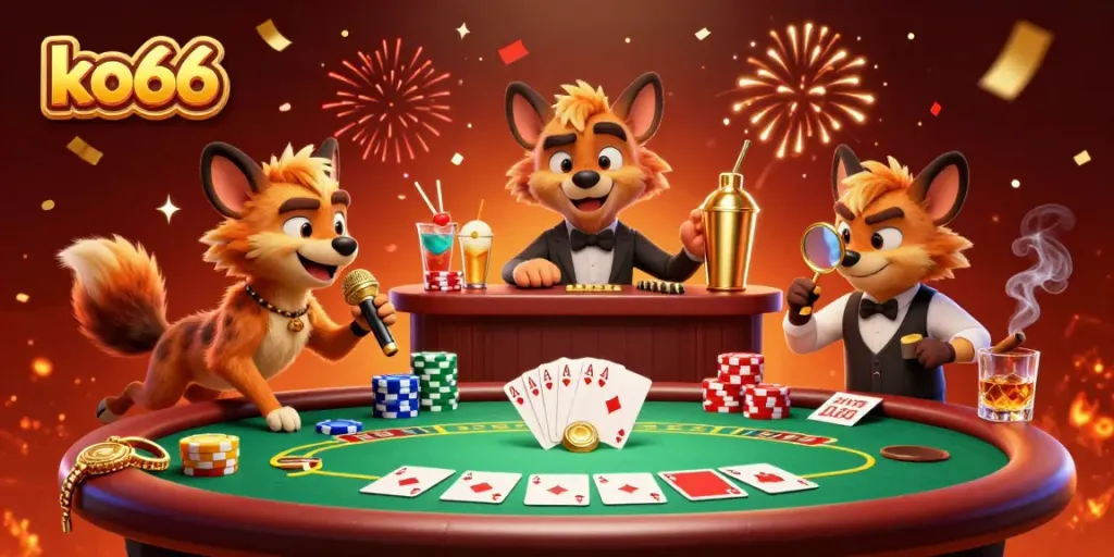 Experience the thrill of ko66 in a lively casino setting with cartoon hyenas and vibrant gambling elements.