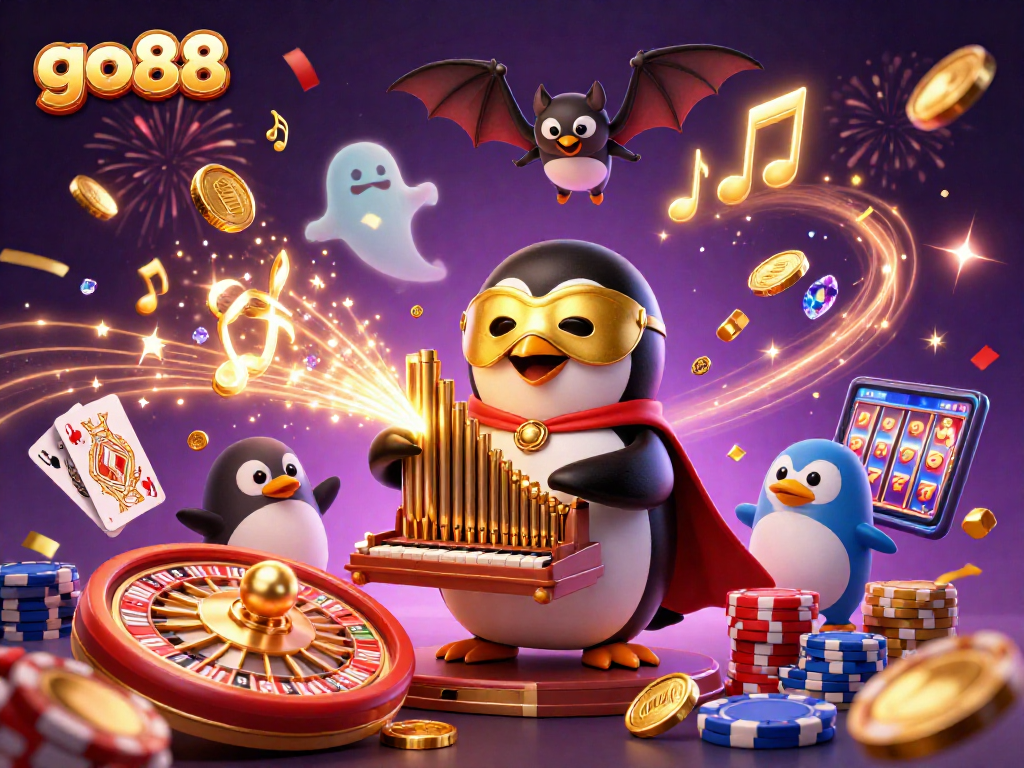Go88 offers a captivating scene with golden coins and a phantom penguin at the casino.