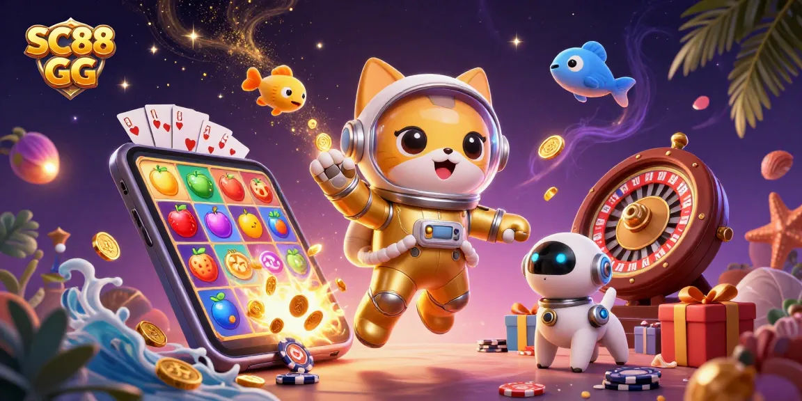 Win big with SC88 GG as a cat astronaut explores vibrant casino games in space.