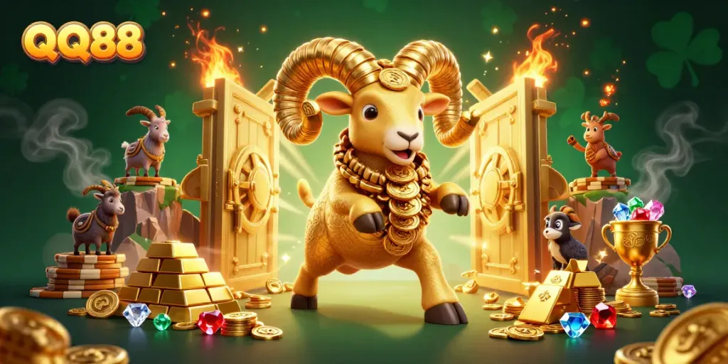 Experience thrilling wins at QQ88 with a golden ram charging towards fortune through a treasure vault.