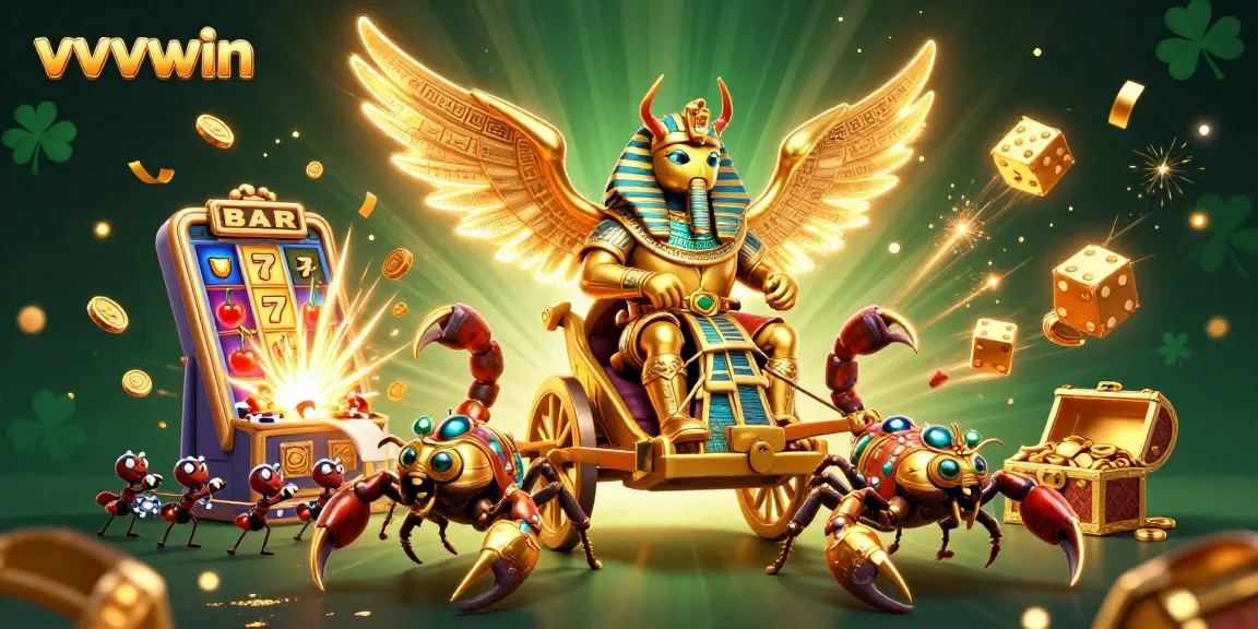 Bet big with vvvwin as the glorious scarab beetle rides towards a jackpot explosion amidst vibrant casino games.