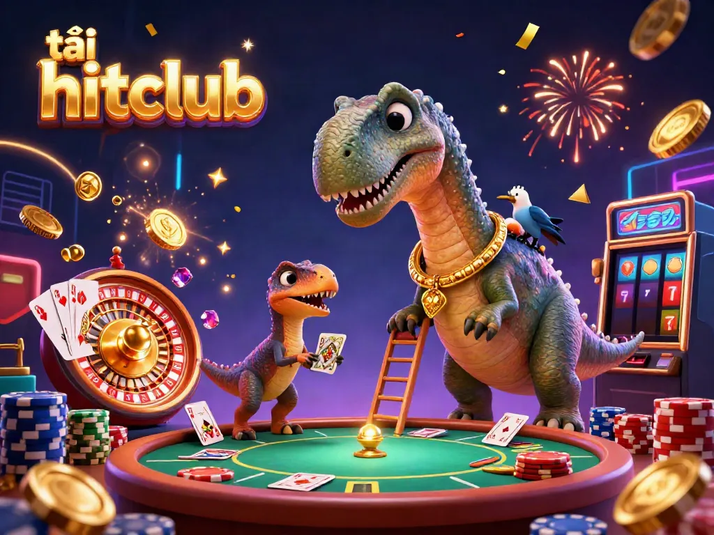Experience thrilling gameplay with tải hitclub as a cartoon brontosaurus watches a raptor deal cards in a vibrant casino.