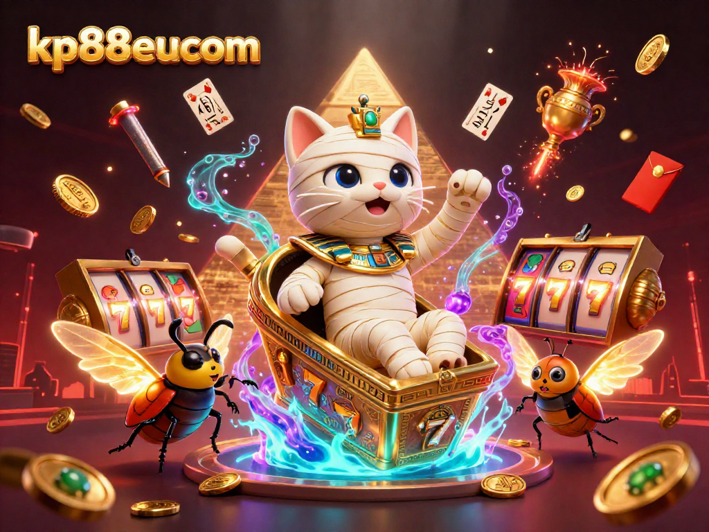 Experience thrilling gaming at kp88eucom with the mummy cat bursting from the sarcophagus in a vibrant casino.