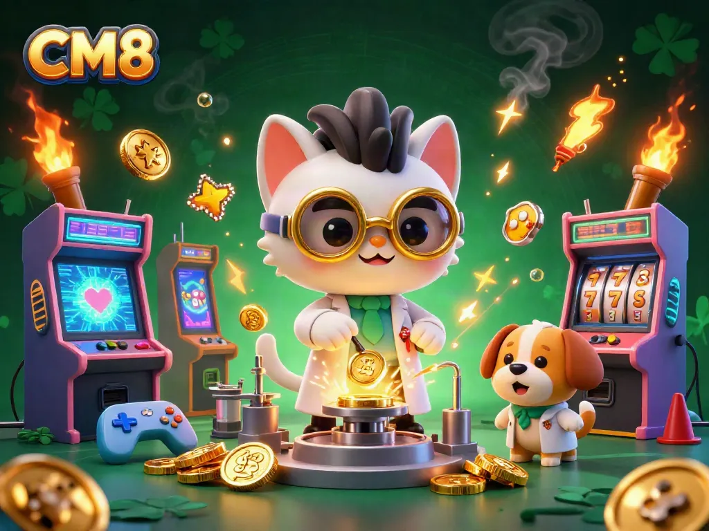 Engage with CM8, the online casino experience, amidst vibrant slot machines and whimsical characters.