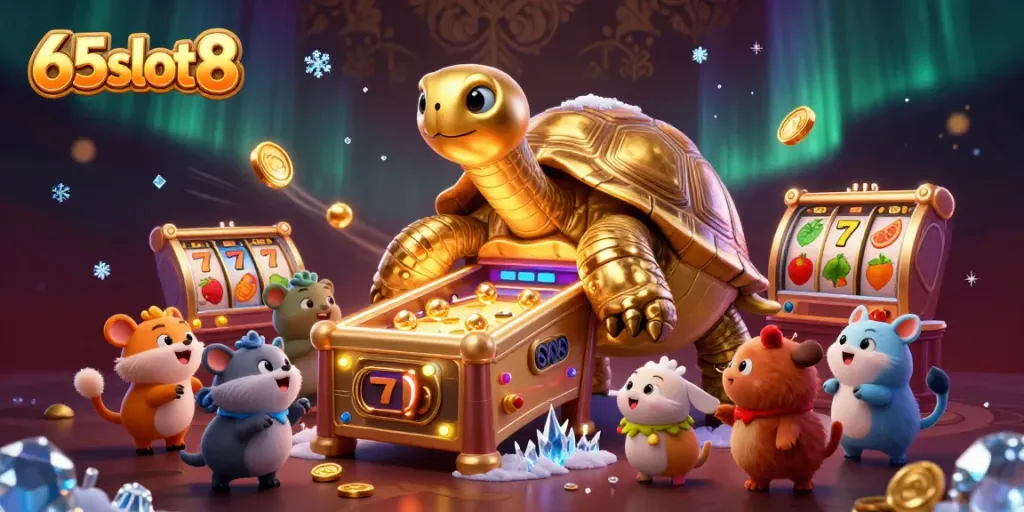 Experience thrilling moments with the colossal golden tortoise pinball machine at 65slot8 featuring animated slot reels.