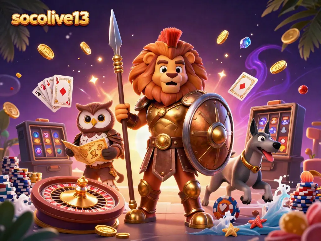Experience gambling excitement with socolive13 featuring a Spartan lion, tactical owl, and greyhound above cascading coins and a spinning roulette.