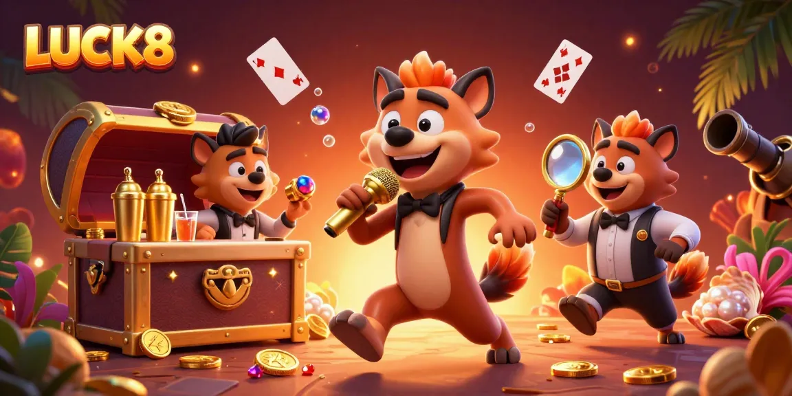LUCK8 showcases a lively casino scene with animated hyenas, a comedian and bartender, amidst floating cards and treasure.