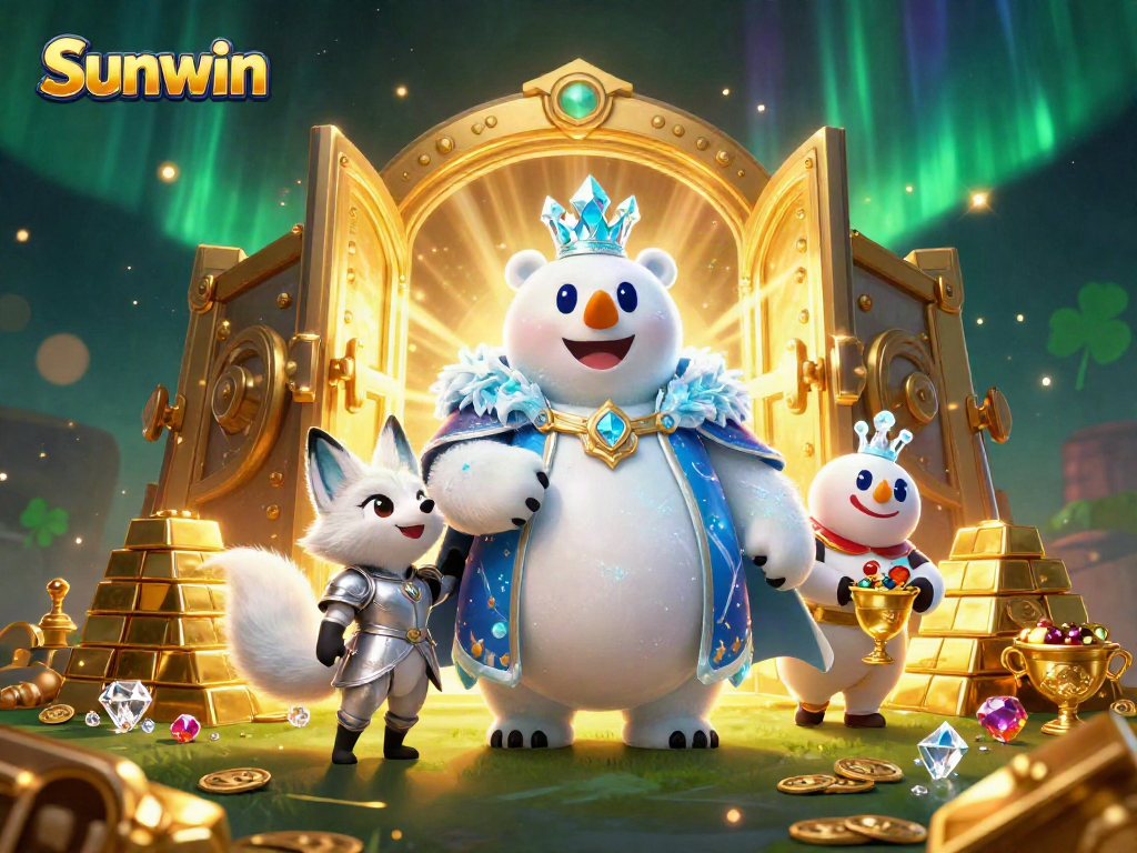 Engage in the thrilling world of Sunwin with an enchanting illustration showcasing a polar bear and fox amidst casino treasures.