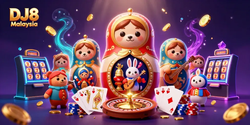 Experience the vibrant gaming action at DJ8 Malaysia with colorful casino elements and stunning graphics.