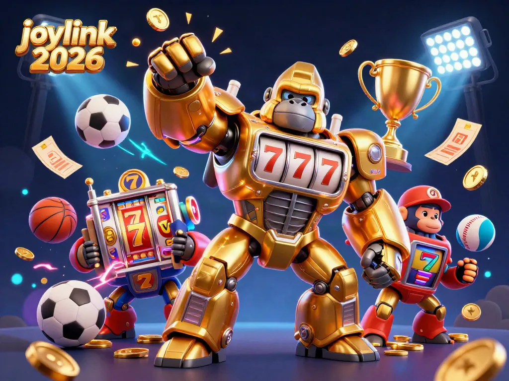 Engage with joylink 2026's exciting golden gorilla mech bursting with coins in a vibrant casino atmosphere.