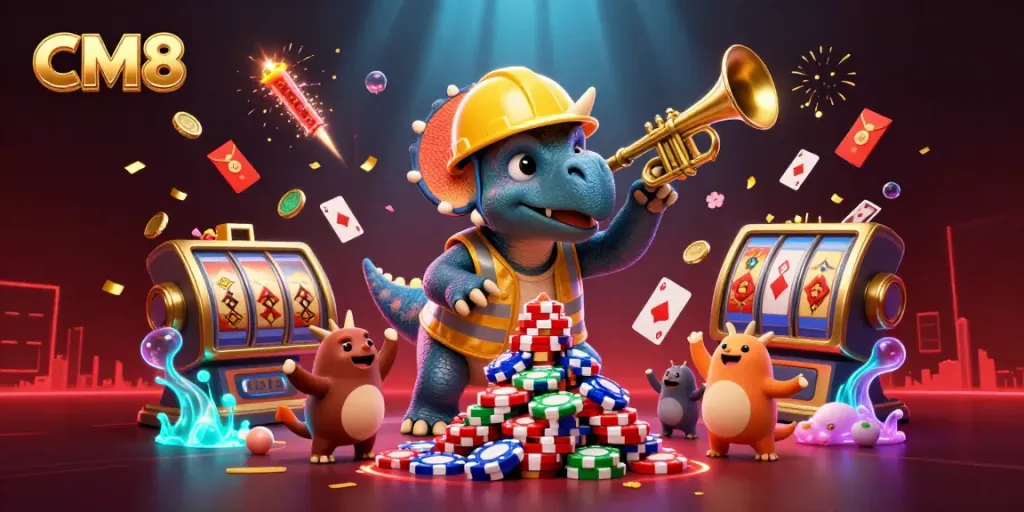 Experience excitement on CM8 with a vibrant casino scene featuring a triceratops and thrilling game elements.