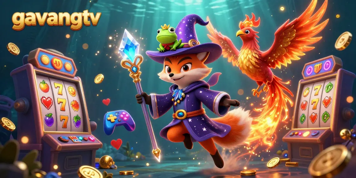 Engage with thrilling slots using gavangtv's wizard and phoenix in a vibrant, magical casino scene.