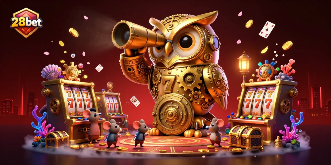 Experience the excitement of 28bet with a vibrant casino scene featuring a golden owl and slot machines.