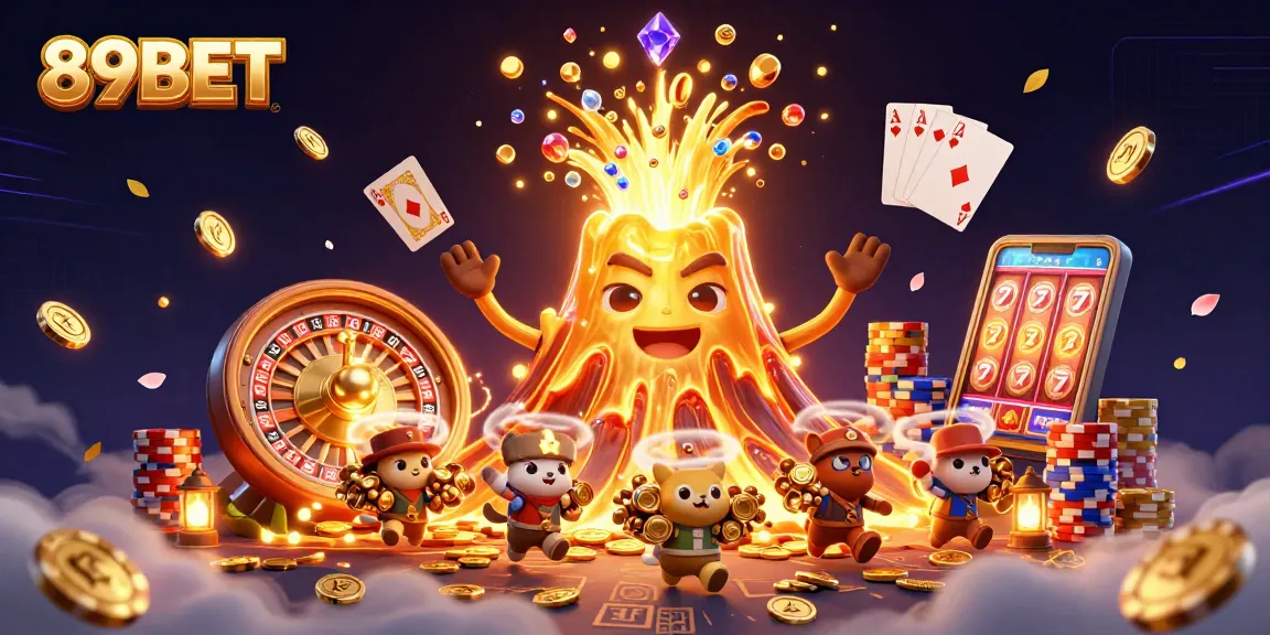 Feel the thrill of 89BET as coins cascade from the triumphant volcano, symbolizing jackpot excitement.