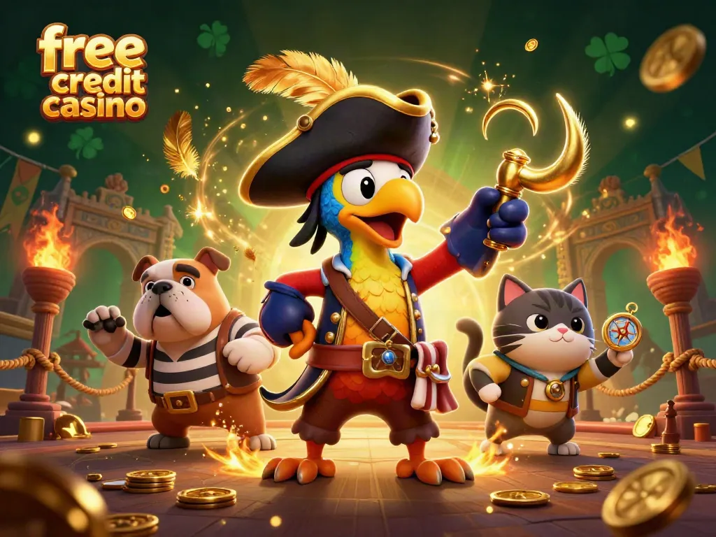 Experience the exciting world of free credit casino with a vibrant scene of a pirate captain and friends.