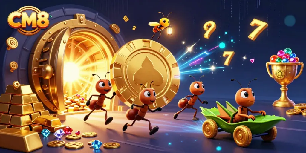 CM8 heist scene with cartoon ants, poker chips, and casino elements in dynamic action.
