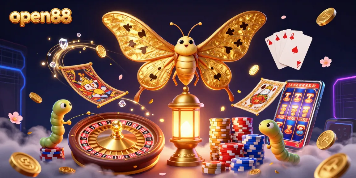 Experience the excitement of open88 with a dazzling casino-themed 3D illustration featuring a golden moth and dynamic gaming elements.