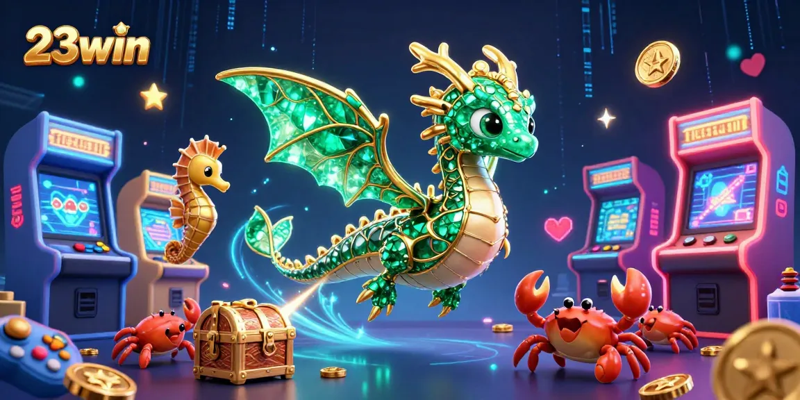 Experience the thrill of 23win gaming with vibrant casino elements in a dynamic 3D scene.