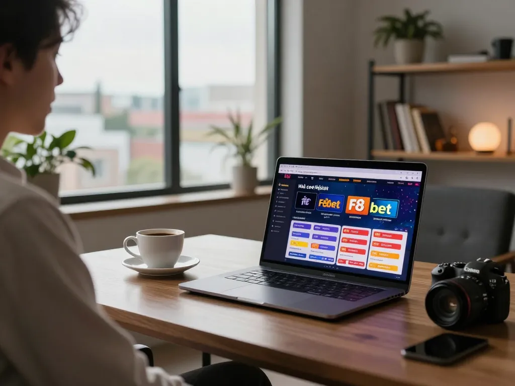 Engaged player using Nhà cái F8bet on laptop in a stylish home office, focusing on strategic gameplay.