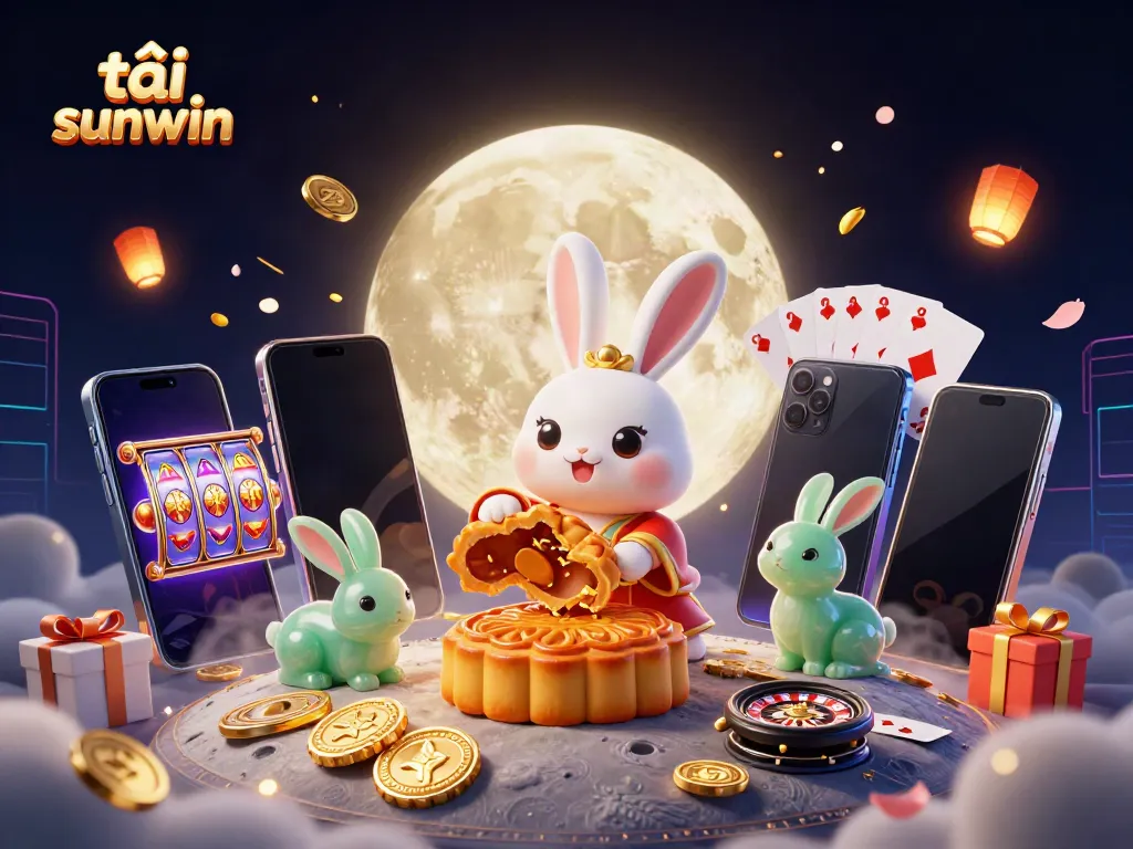 Experience the excitement of tải sunwin as the moon rabbit reveals poker chips while gaming elements burst around.