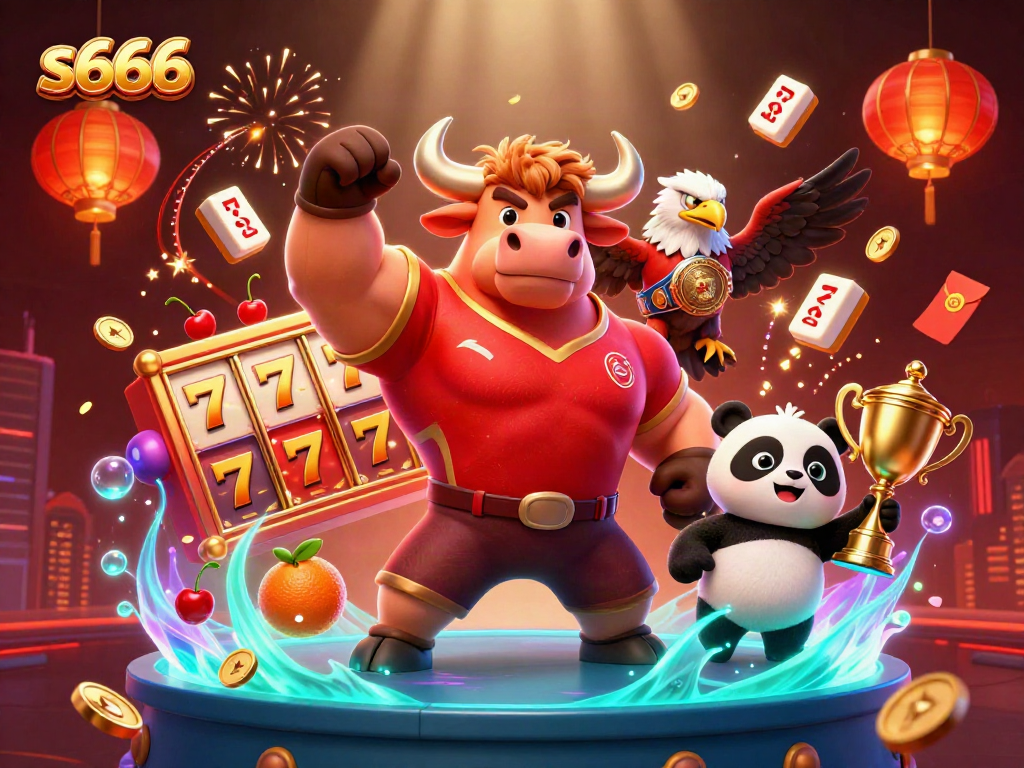 Engage with s666 strategies as a bull mascot celebrates gaming success in a vibrant casino scene.