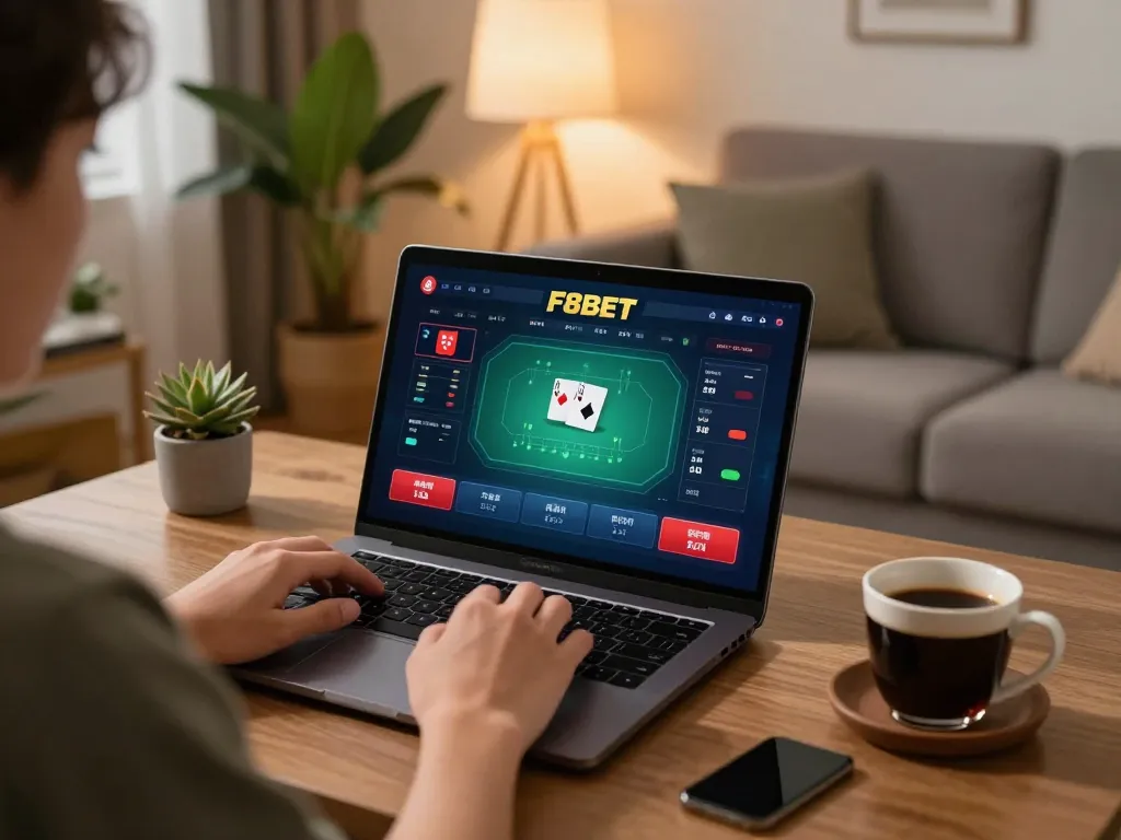 Player immersed in an F8BET game on a laptop at home, analyzing betting options in a cozy setting