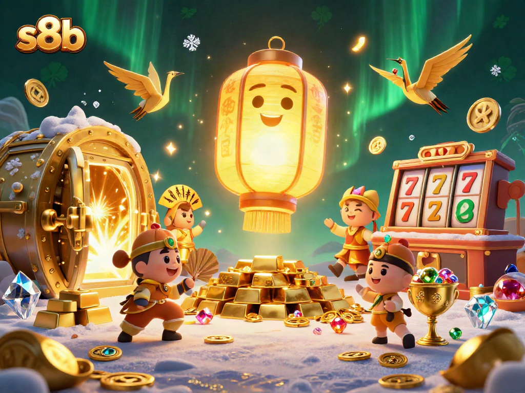 Engage with s8b through vibrant 3D illustration, showcasing casino excitement in a colorful scene.